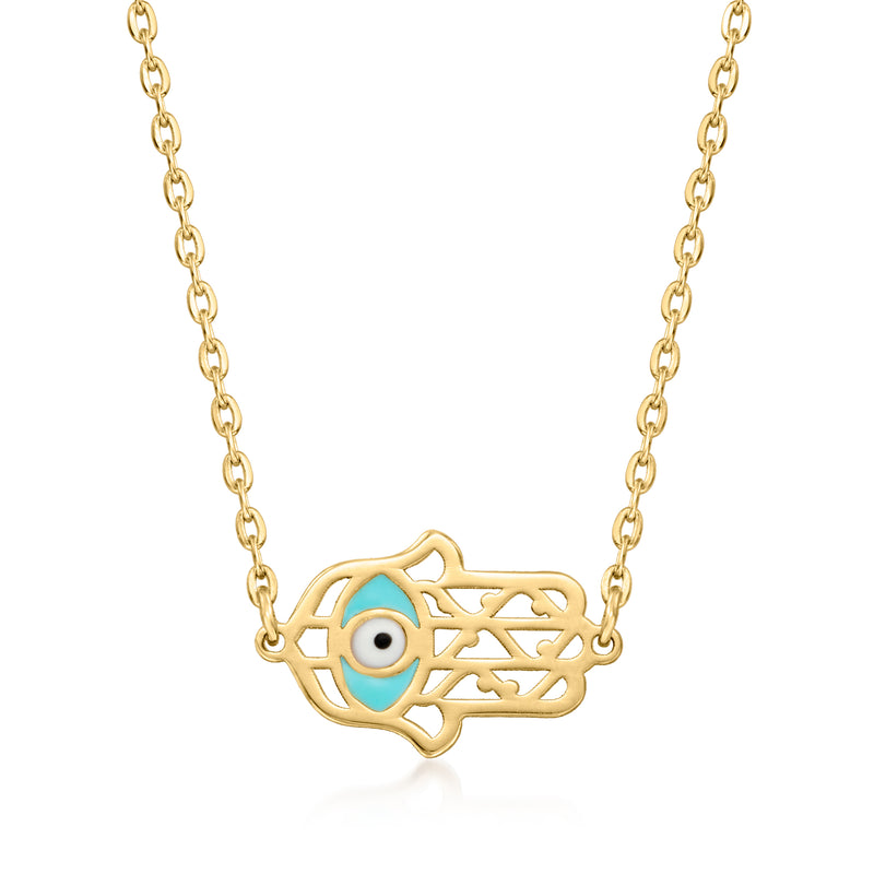 14kt yellow gold hamsa necklace with multicolor enamel eye and oval chain links