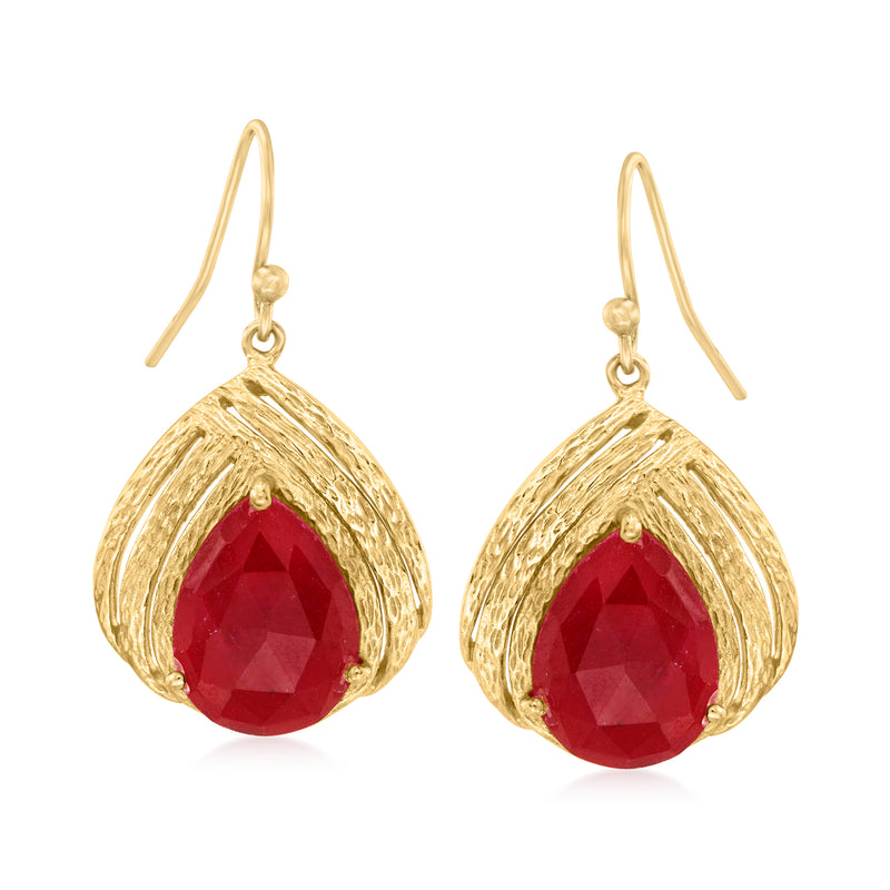 18kt gold over sterling ruby drop earrings with textured oval frame and red stone