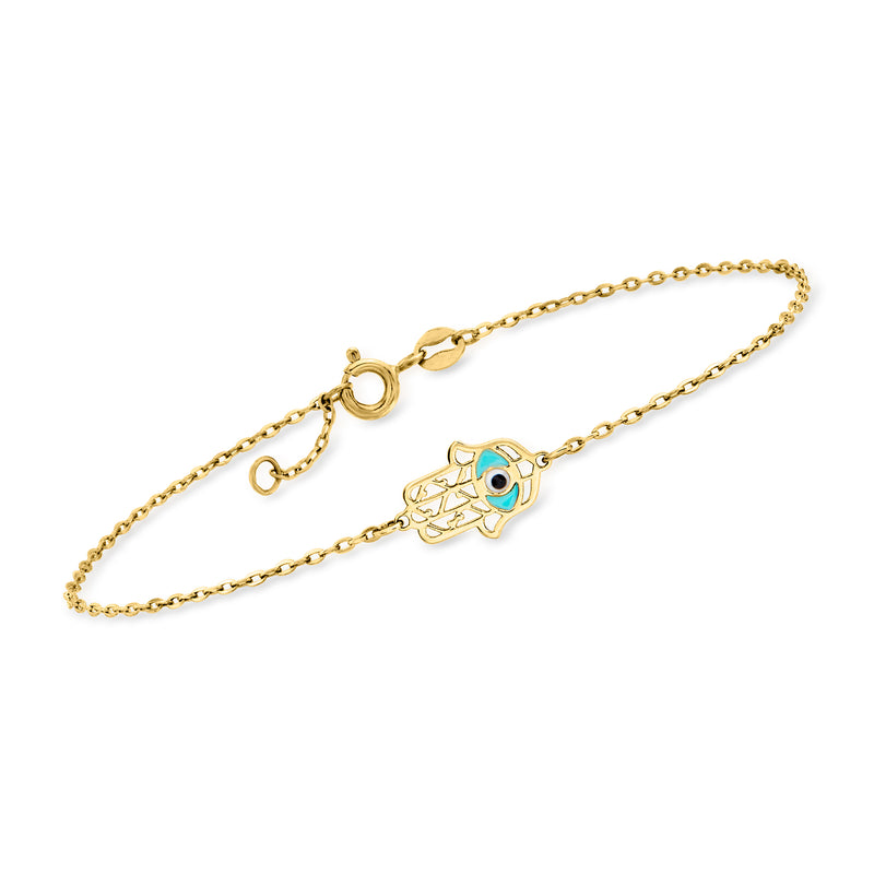 14kt yellow gold hamsa bracelet with multicolored enamel and link chain