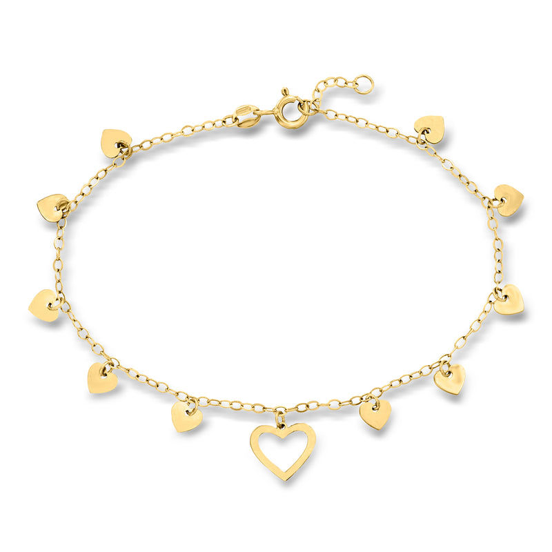 14kt yellow gold heart station bracelet with small heart charms and heart link center