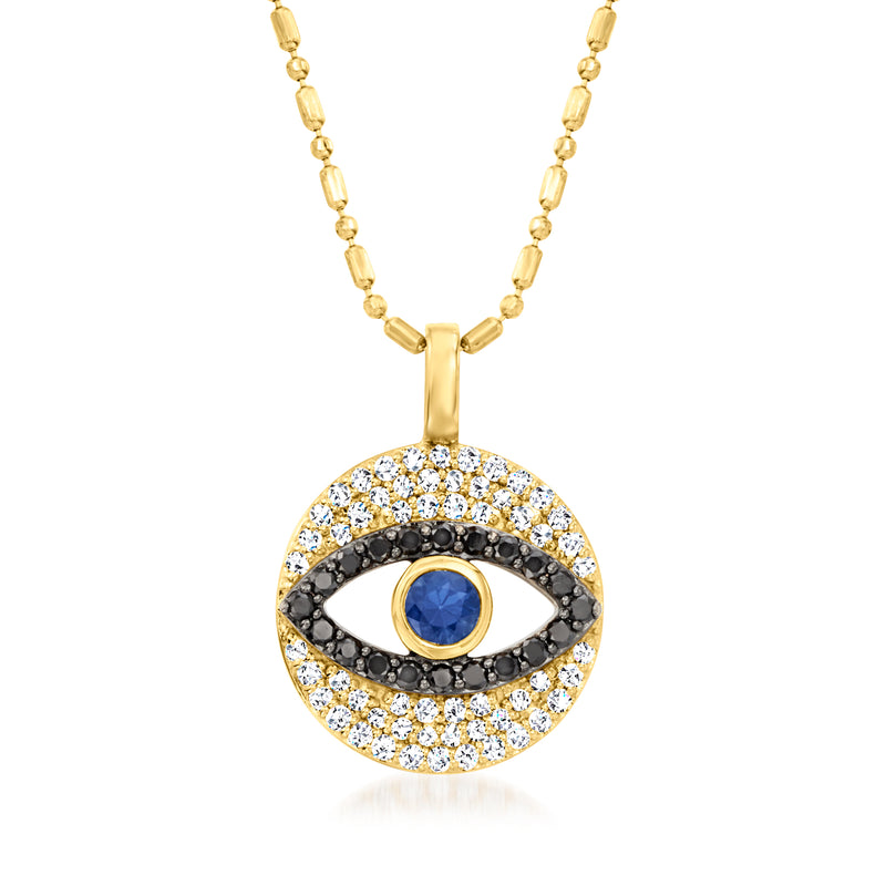 14kt yellow gold evil eye pendant necklace with sapphire-blue center, diamond halo, black enamel