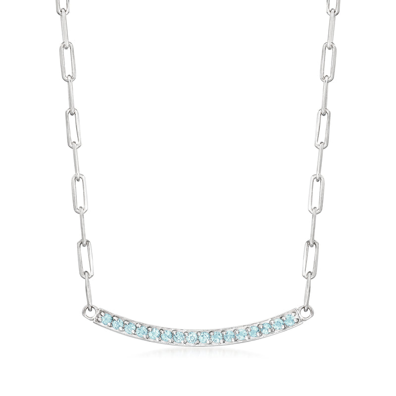 Sterling silver paper clip link necklace with curved bar Swiss blue topaz row
