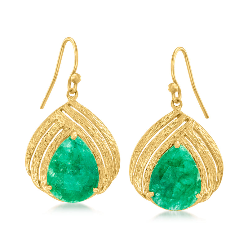 Gold over sterling teardrop earrings with green emerald-style drop stones and earwire hooks