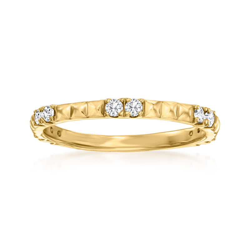 10kt yellow gold ridged diamond ring with small round stones across the top