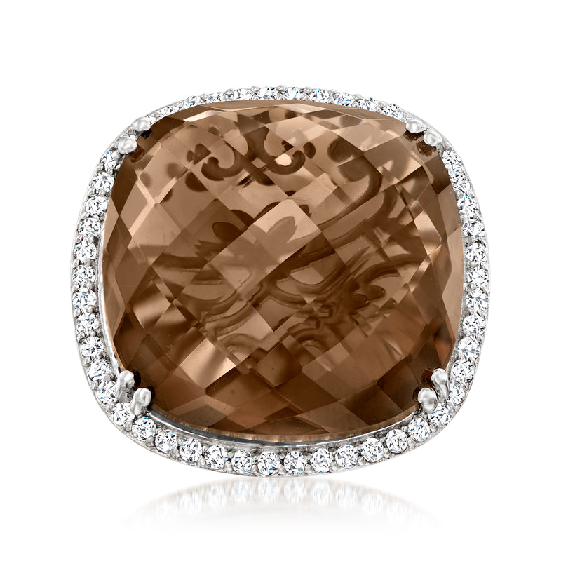 Smoky quartz ring with cushion-cut stone and white topaz halo in sterling silver