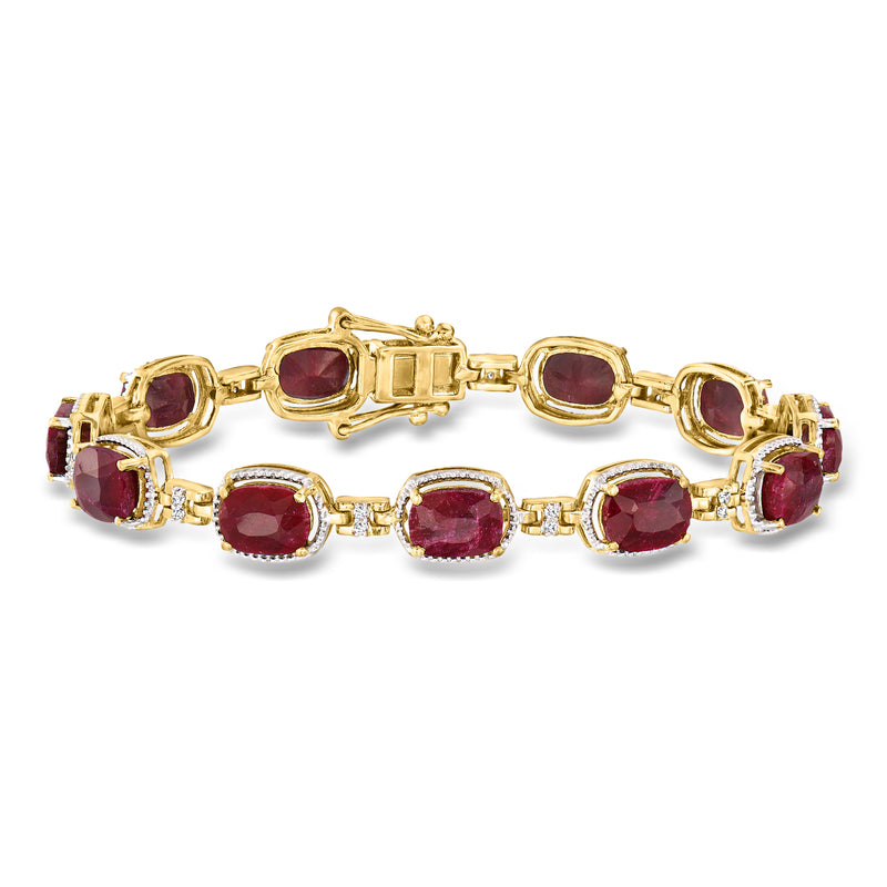 Ruby and diamond bracelet, gold-tone with oval red ruby stones and small diamond accents