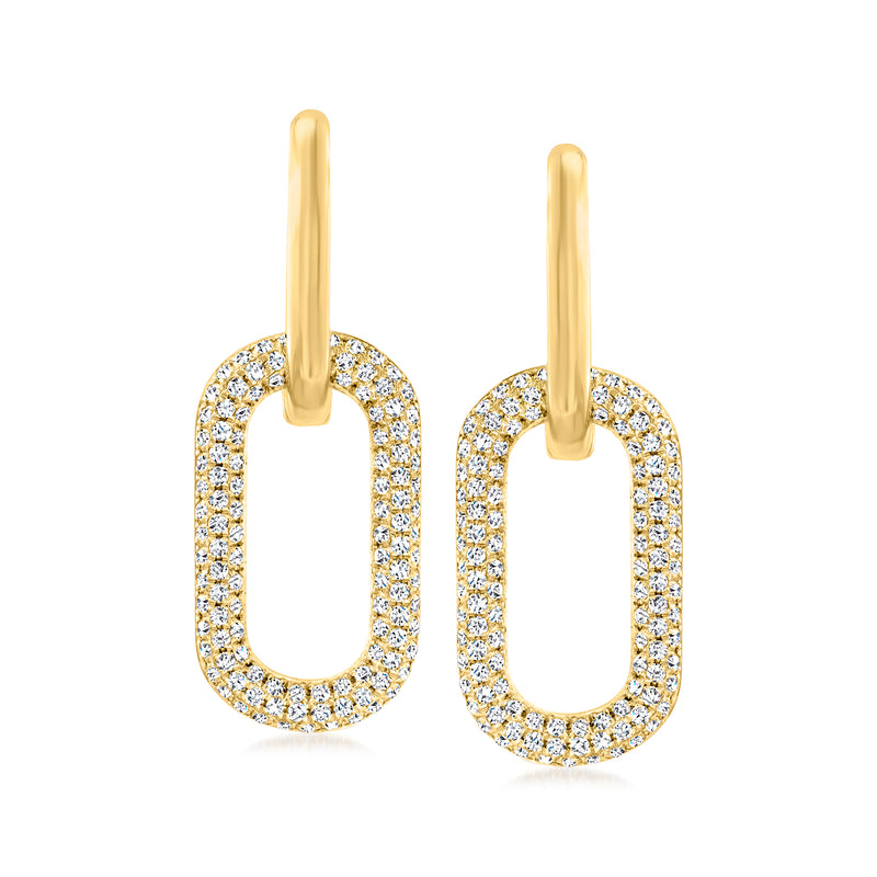 Diamond paper clip link hoop drop earrings in 14kt yellow gold