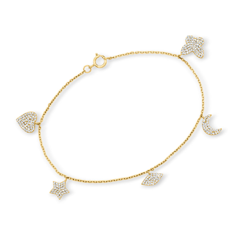 14kt yellow gold diamond charm bracelet with heart and star pendants