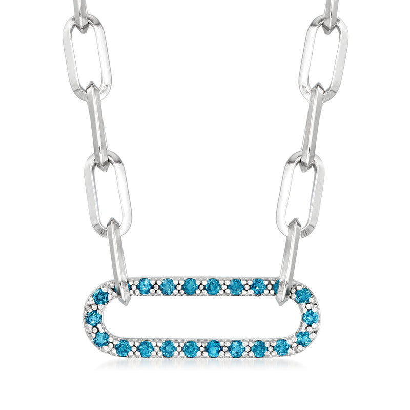 Sterling silver paper clip link necklace with blue topaz pavé oval pendant