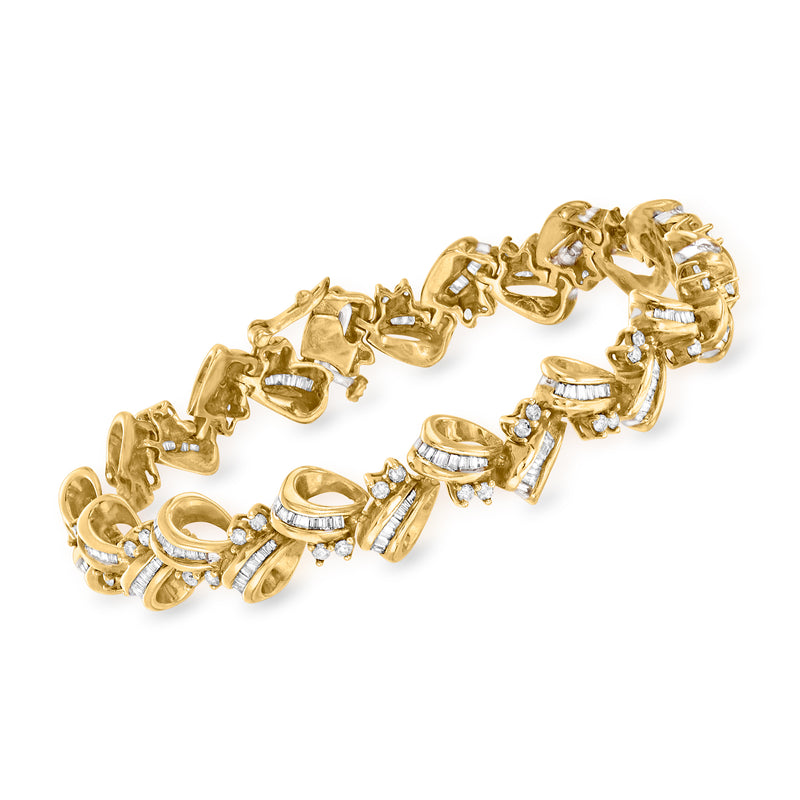 14kt yellow gold diamond multi-loop bracelet with repeating curved link and clear stones