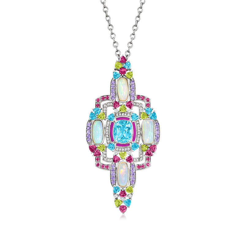 Sterling silver pendant necklace with colorful gemstones and pink enamel accents