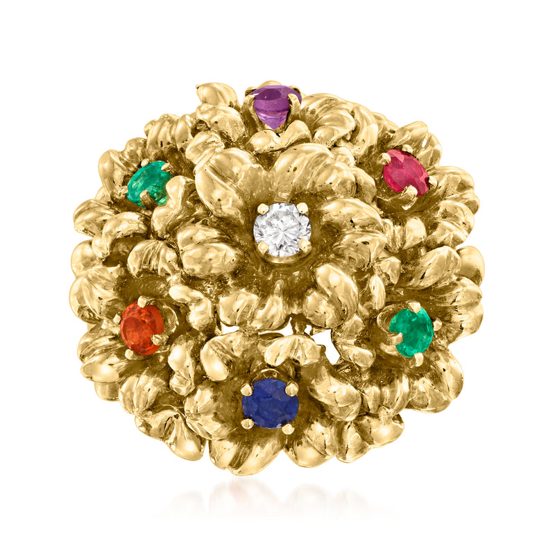 18kt yellow gold flower ring with central diamond and multicolor gemstones