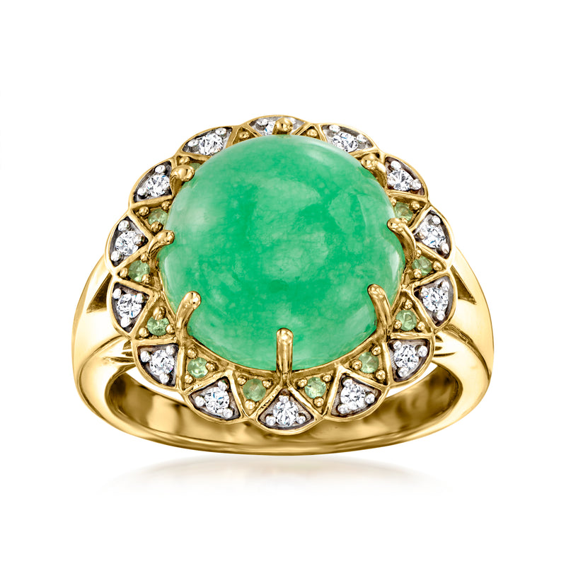 Gold-tone ring with large oval green gemstone and white zircon halo, rounded shoulders
