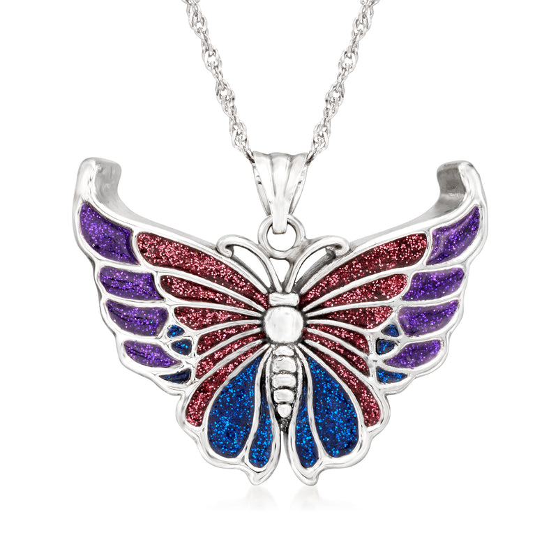 Multicolored enamel butterfly pendant necklace with glittery purple red blue wings