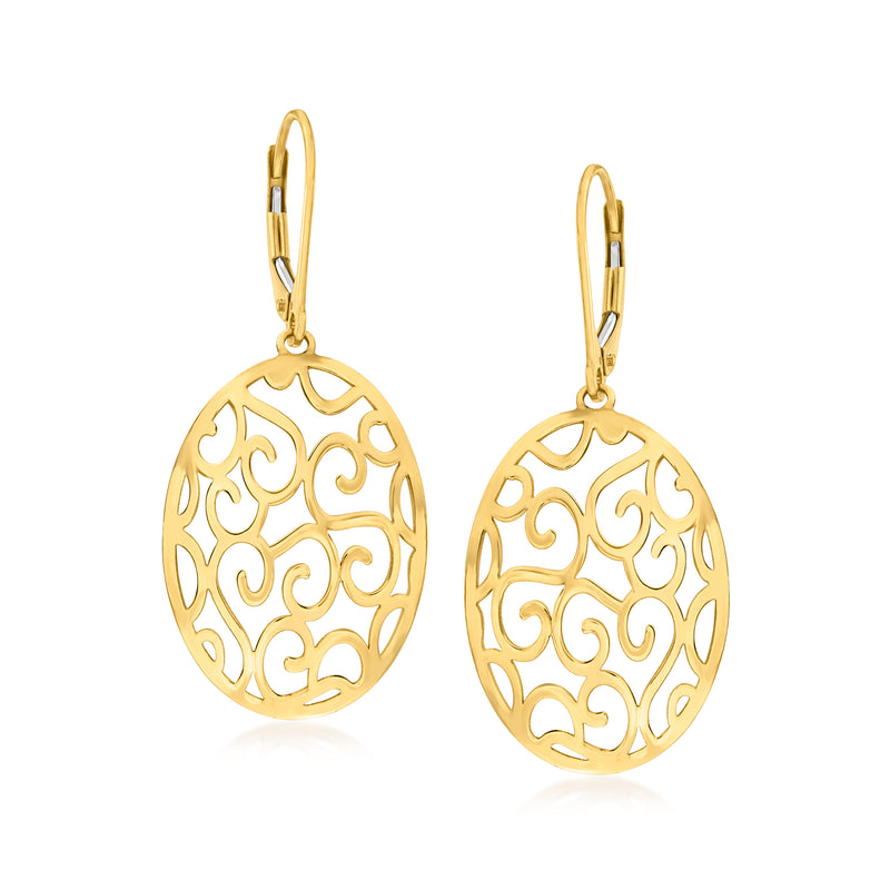 Yellow gold openwork oval drop earrings with leverback closures