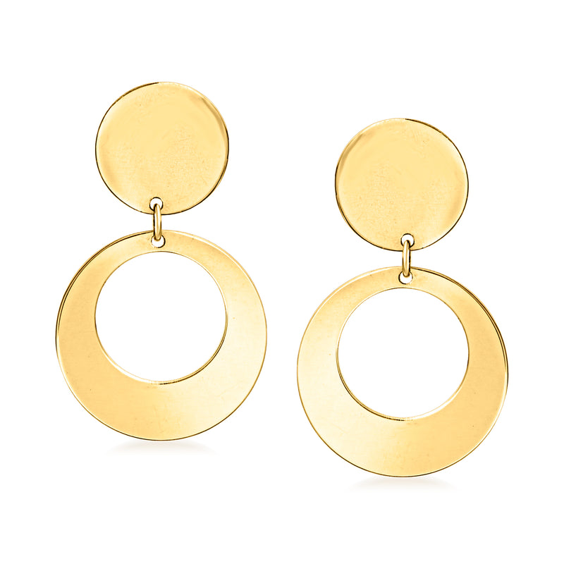 14kt yellow gold circle drop earrings with round top discs and hoop-like drops