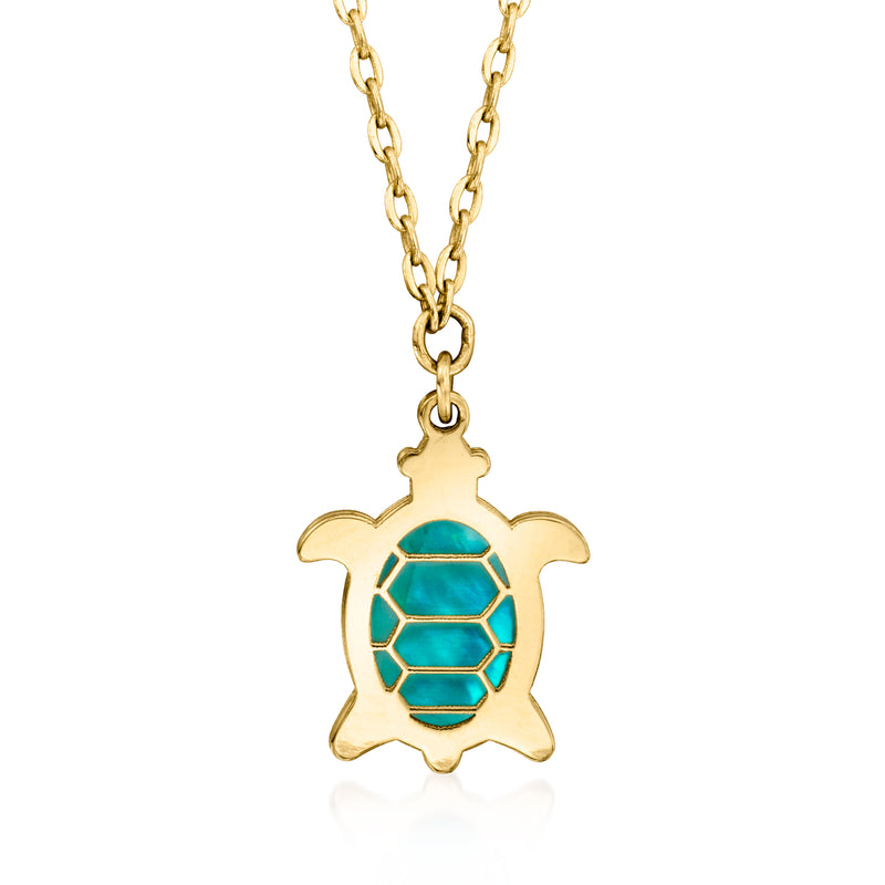 14kt yellow gold turtle necklace with blue mother-of-pearl pendant on chain