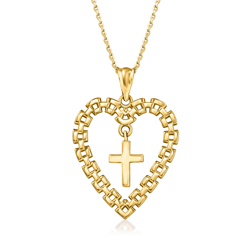 14kt yellow gold heart pendant necklace with open-link heart and cross