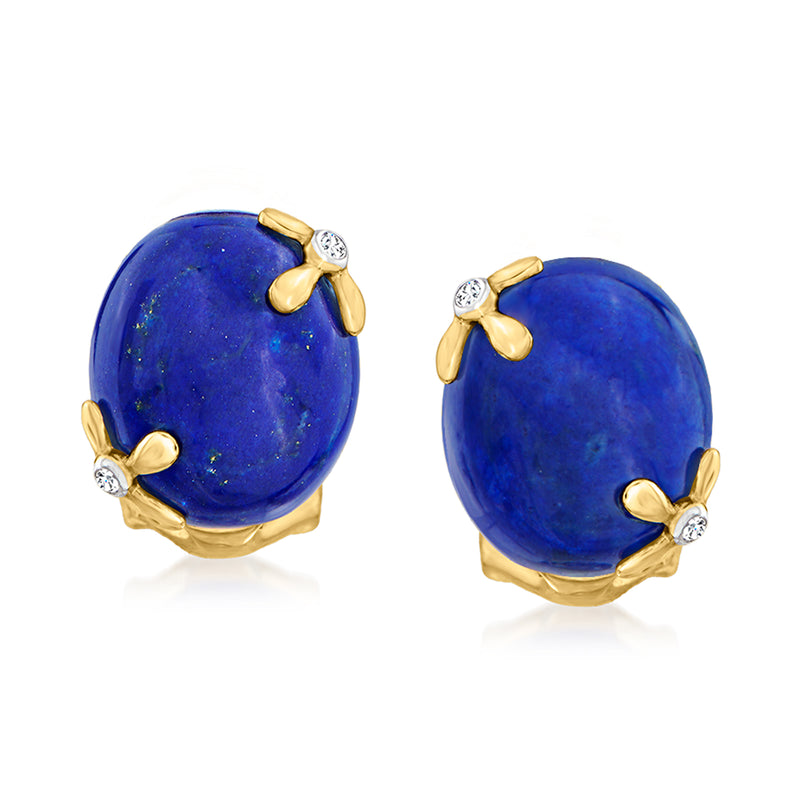 Round blue lapis stud earrings with white topaz accents and gold prongs