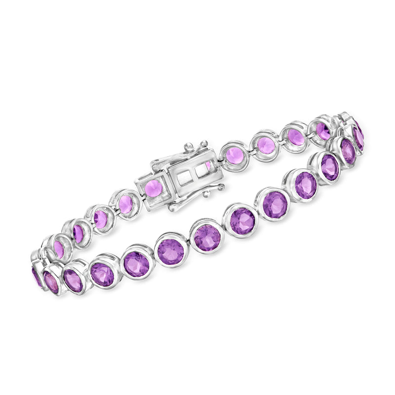 Sterling silver amethyst tennis bracelet with round purple gemstones, box clasp
