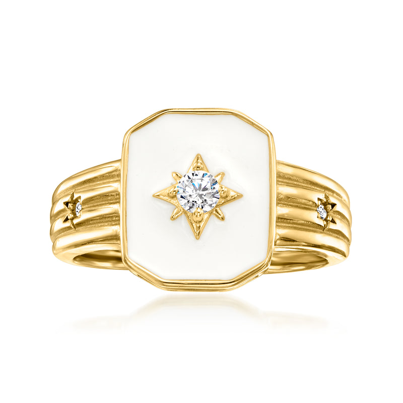 Gold over sterling ring with octagon white enamel bezel and central star CZ inlay