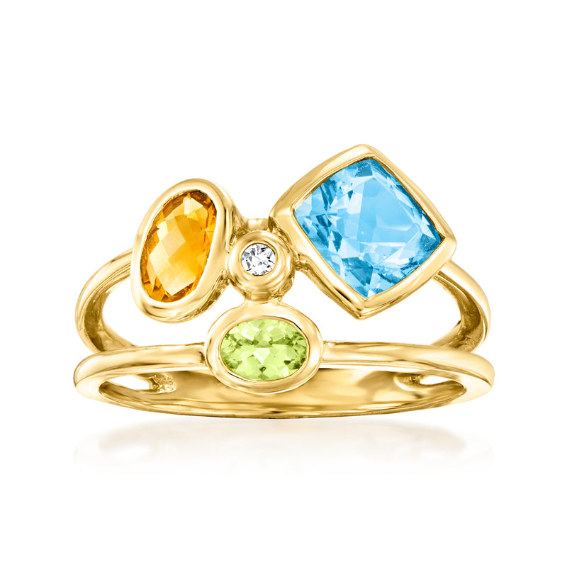 14kt yellow gold multi-gemstone ring with blue square, yellow oval, green oval, and diamond