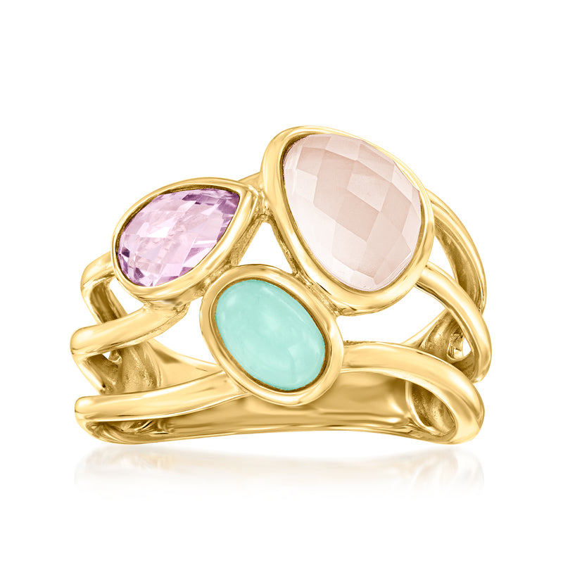 14kt yellow gold multi-row ring with purple, pink, and blue gemstone settings