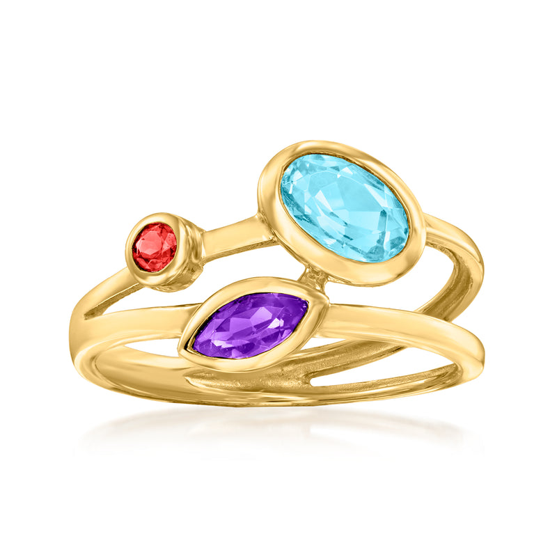 14kt yellow gold multi-gemstone open-space ring with blue, purple, and red stones