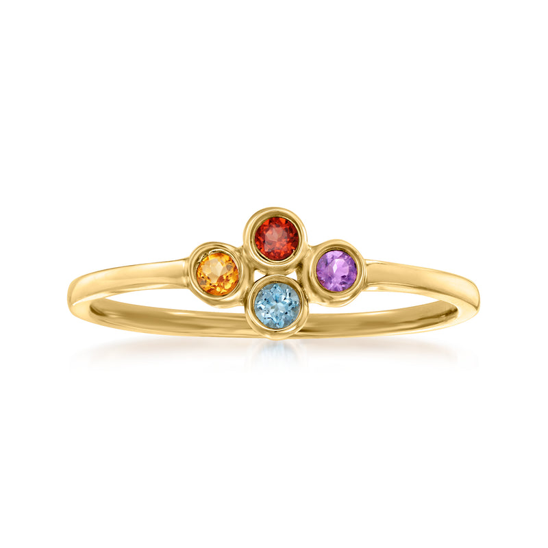 14kt yellow gold ring with four round bezel-set gemstones: red, orange, purple, blue