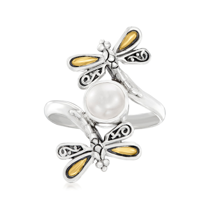 Dragonfly bypass ring with 7mm cultured mabe pearl, sterling silver, yellow gold accents