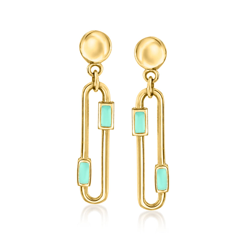 Yellow gold drop earrings with hinged paper-clip links and green enamel rectangles