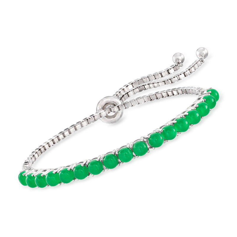 Sterling silver bolo bracelet with green jade bead strands and sliding round clasp