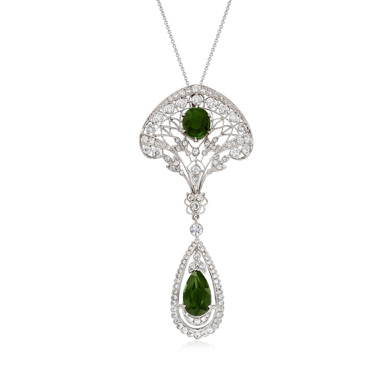 Vintage white gold drop pendant with round green tourmaline and pear-shaped green stone