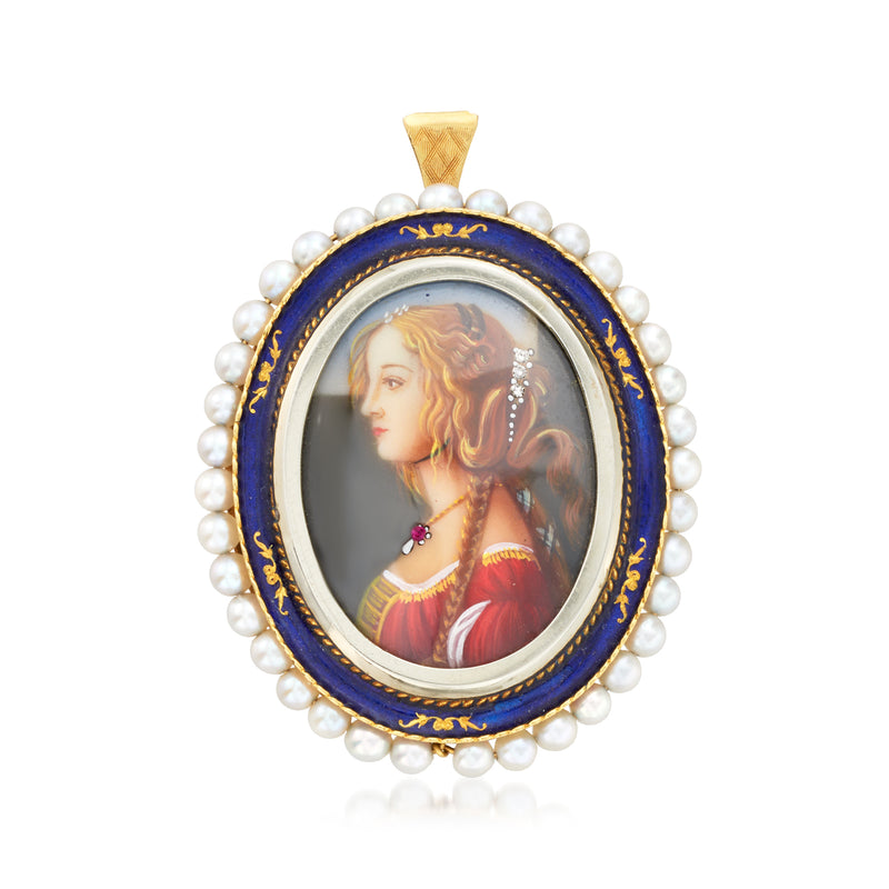 Vintage portrait pin pendant in 18kt yellow gold with blue enamel frame and pearl bezel