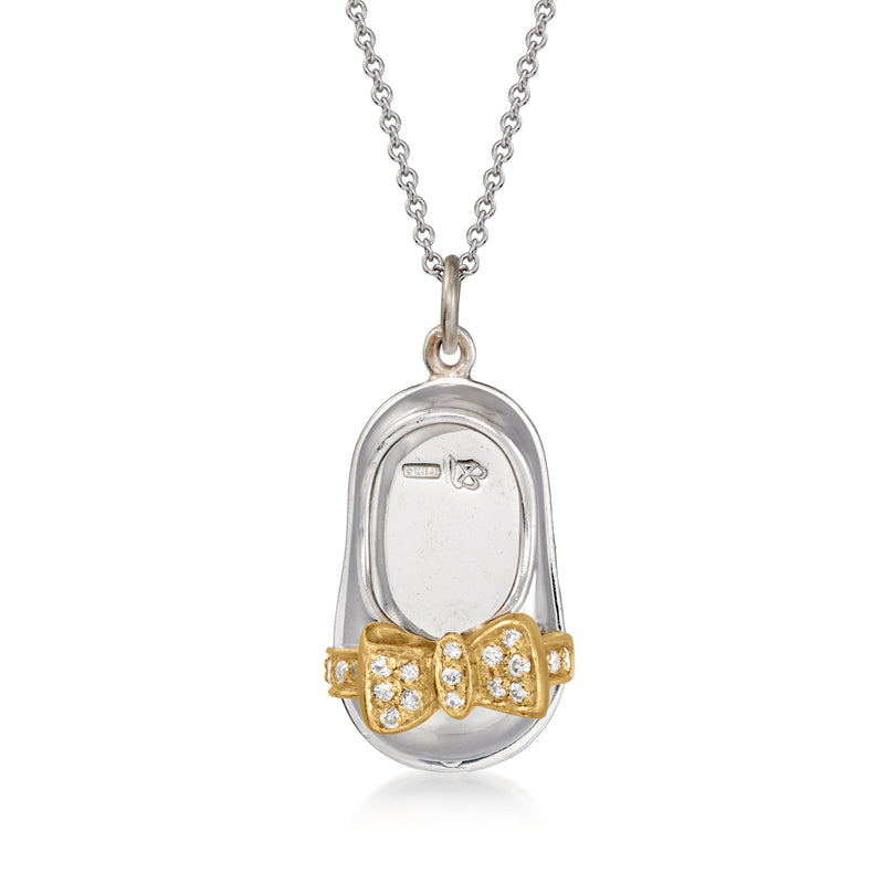 Two-tone gold baby bootie pendant necklace with diamond accents, oval charm