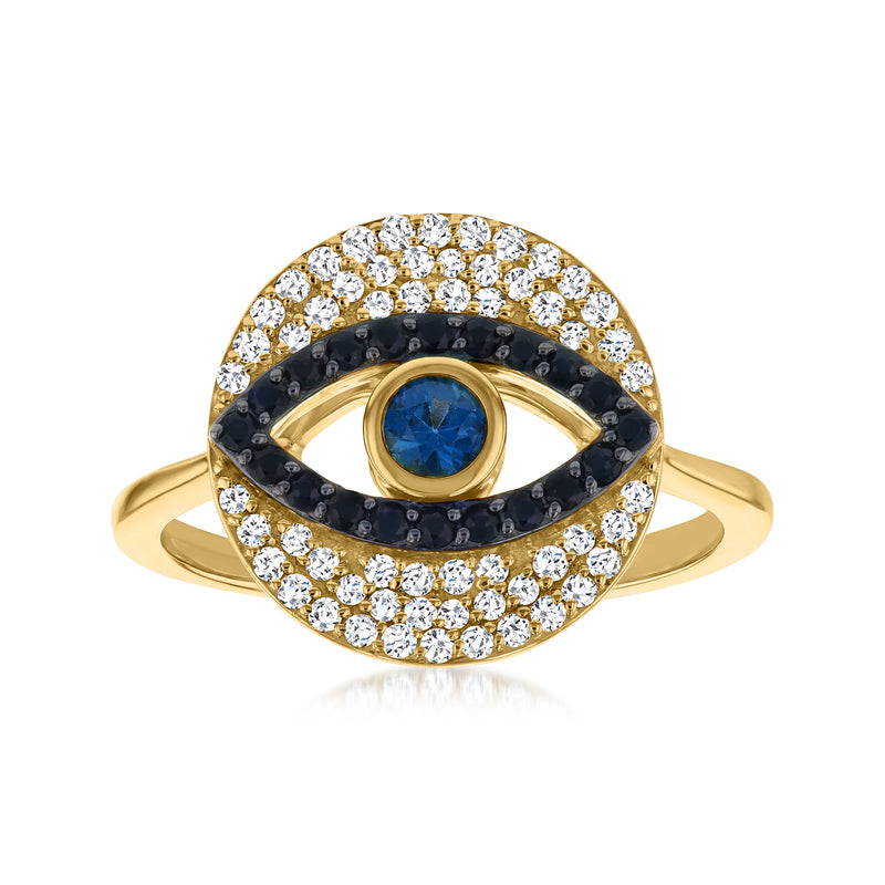 14kt yellow gold evil eye ring with blue sapphire center, black border, diamond halo