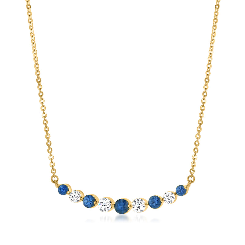 14kt yellow gold curved bar necklace with oval blue sapphire and round diamond links