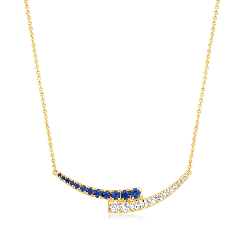 Curved bar bypass necklace with blue sapphire channel and small diamond accents in yellow gold