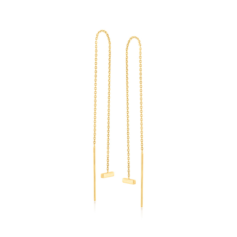 14kt yellow gold bar threader earrings with long chain and polished rectangular bars