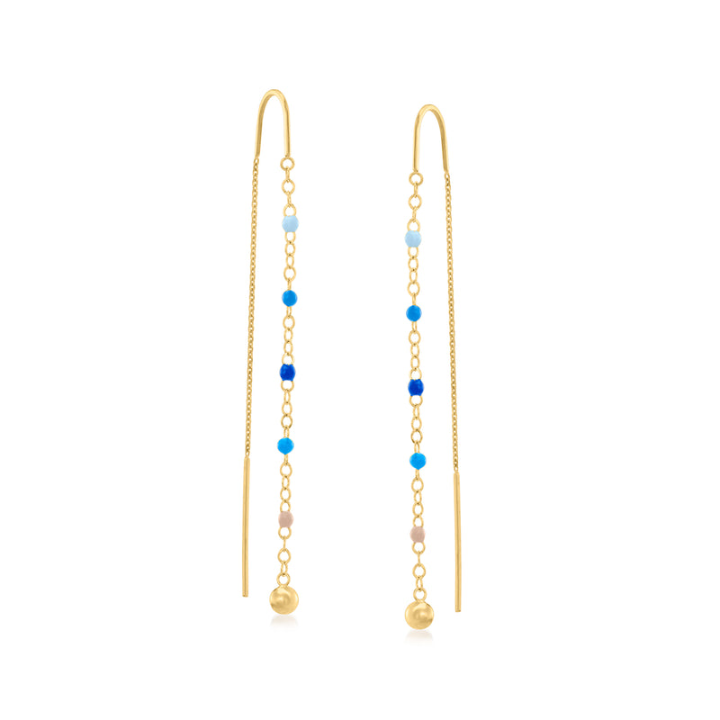 14kt yellow gold threader earrings with multicolored enamel bead stations and pearl drop