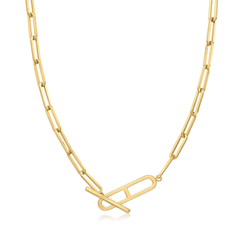 14kt yellow gold paper clip link toggle necklace, oval toggle clasp at center