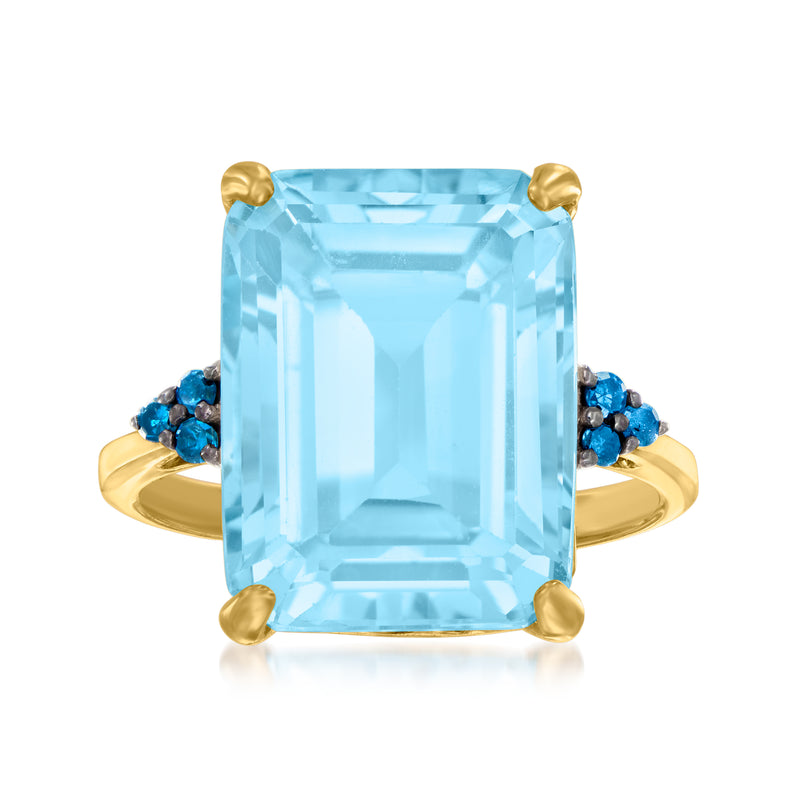 18kt gold over sterling cocktail ring with large sky-blue emerald-cut gemstone and blue side accents