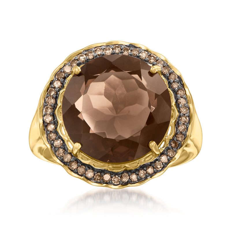 14kt yellow gold cocktail ring with smoky quartz center and diamond halo, oval bezel