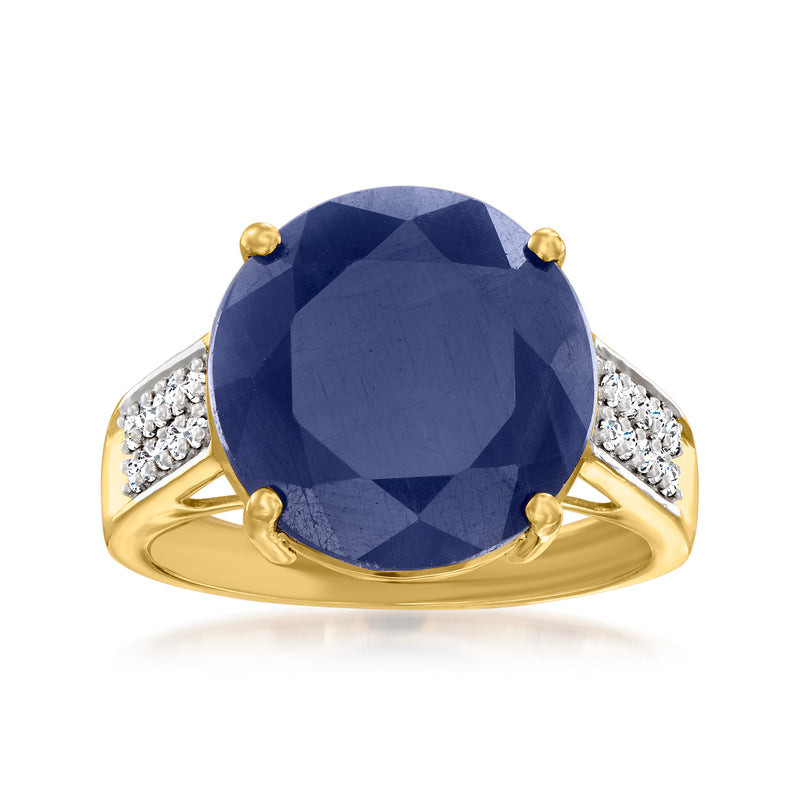 14kt yellow gold sapphire and diamond ring with large oval blue gemstone and side clusters