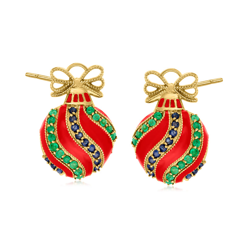 3.00 ct. t.w. Emerald, 2.40 ct. t.w. Sapphire and Red Enamel Ornament Earrings in 18kt Gold Over Sterling