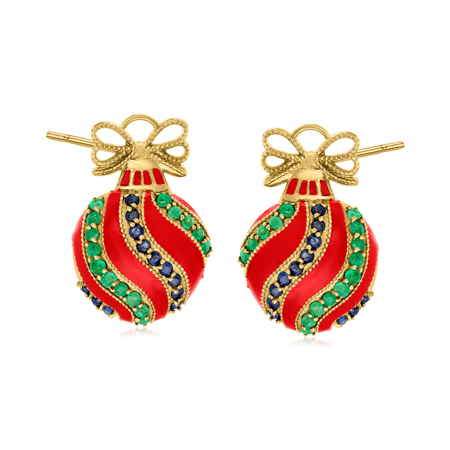 3.00 ct. t.w. Emerald, 2.40 ct. t.w. Sapphire and Red Enamel Ornament Earrings in 18kt Gold Over Sterling