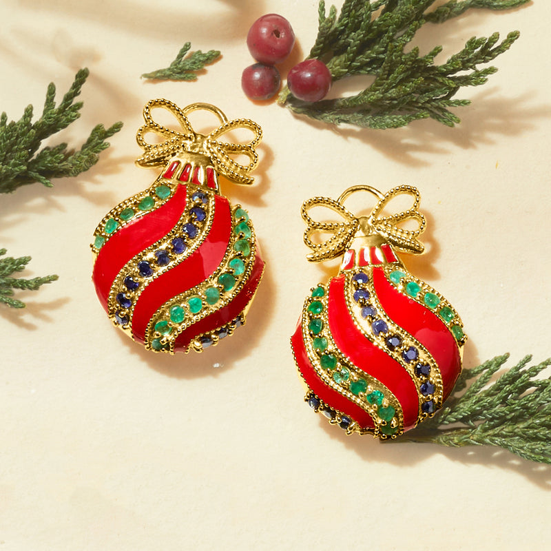 3.00 ct. t.w. Emerald, 2.40 ct. t.w. Sapphire and Red Enamel Ornament Earrings in 18kt Gold Over Sterling