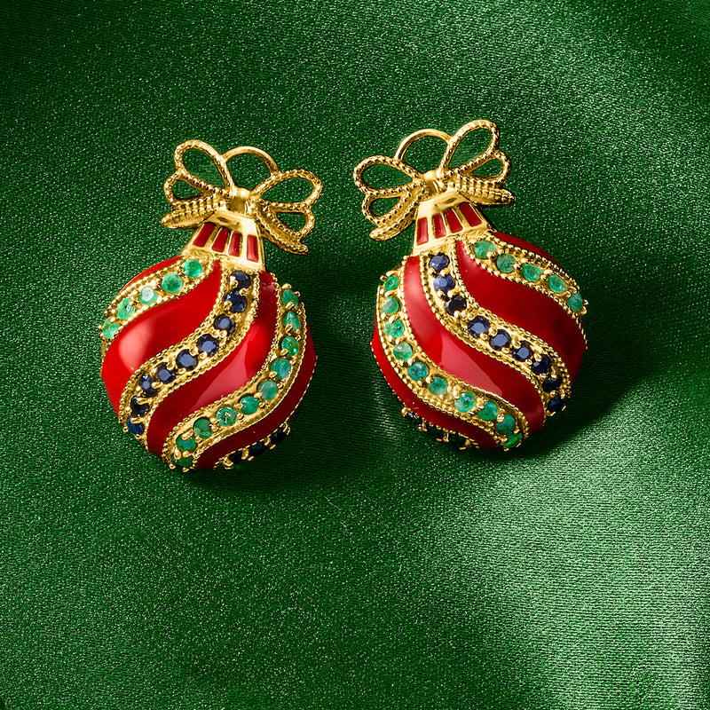 3.00 ct. t.w. Emerald, 2.40 ct. t.w. Sapphire and Red Enamel Ornament Earrings in 18kt Gold Over Sterling