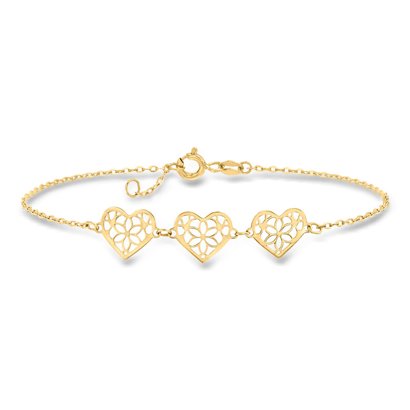 14kt yellow gold heart station bracelet with openwork floral design, three hearts