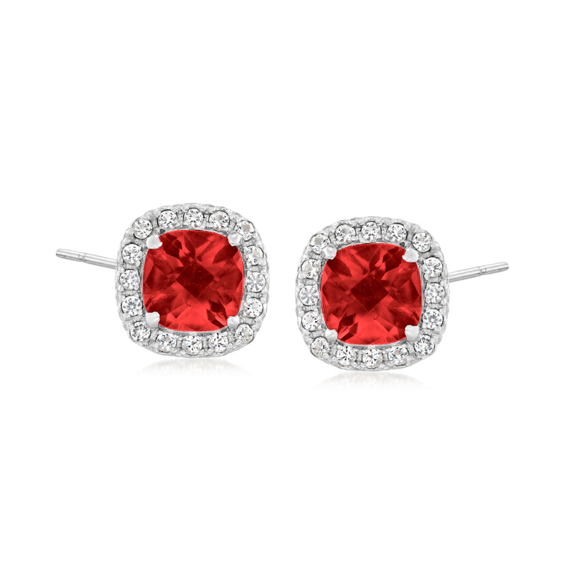 Sterling silver red garnet stud earrings with white topaz halo, post backs